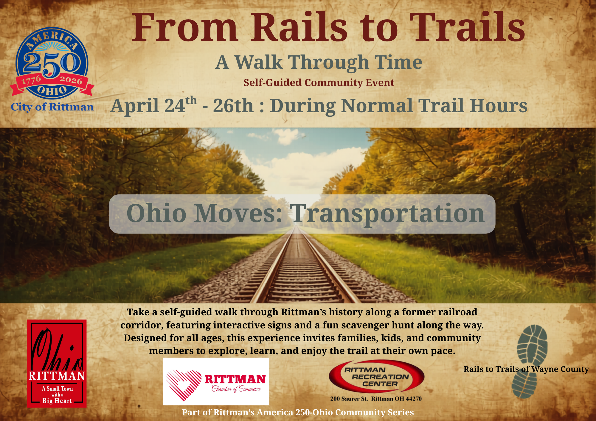A self-guided history walk along the Rittman trail featuring interactive signage and a scavenger hunt for all ages.