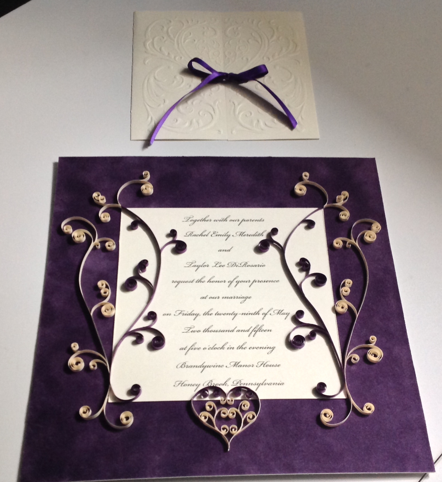   I have done this piece to model the quilling after the embossing  on the front cover of the wedding invitation.  