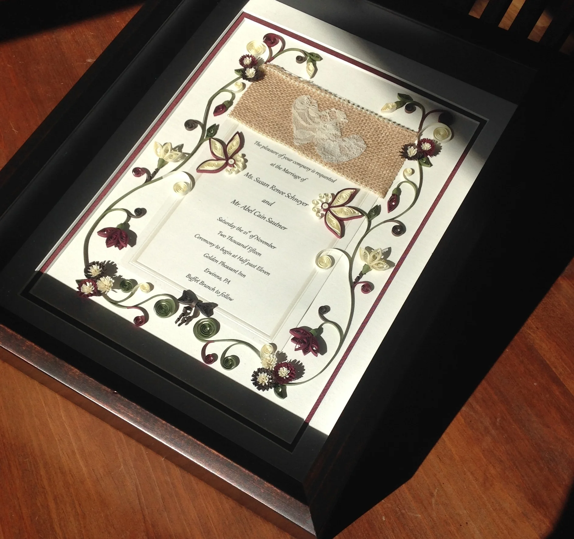   The colors for this wedding invitation were picked to match the colors of the bridal party’s gowns and tuxes.  