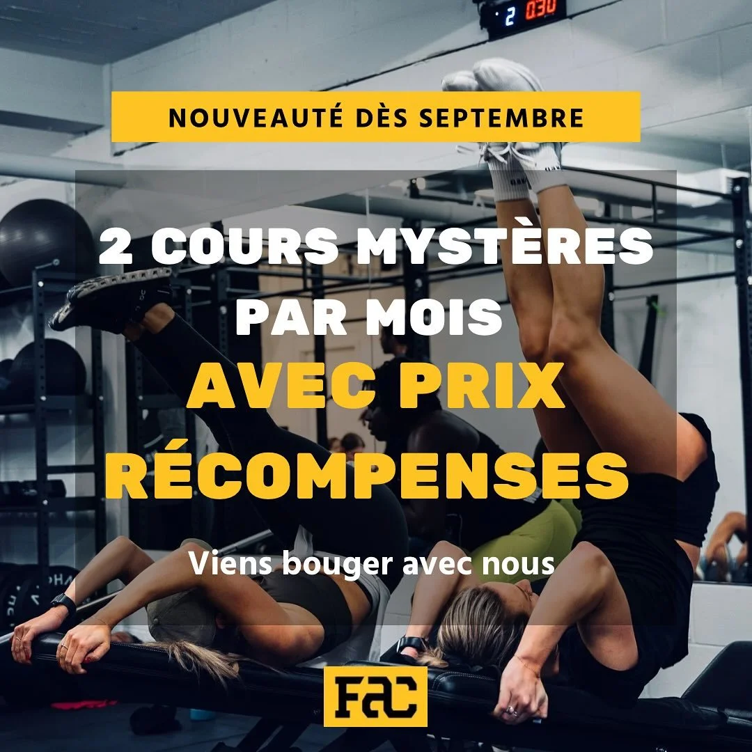 🔥 Nouveauté dès septembre ! 🔥
On ajoute du piquant à tes entraînements avec 2 cours mystères par mois 🎉
👉 Des défis, de la variété et surtout… des prix à gagner !
💪 La meilleu