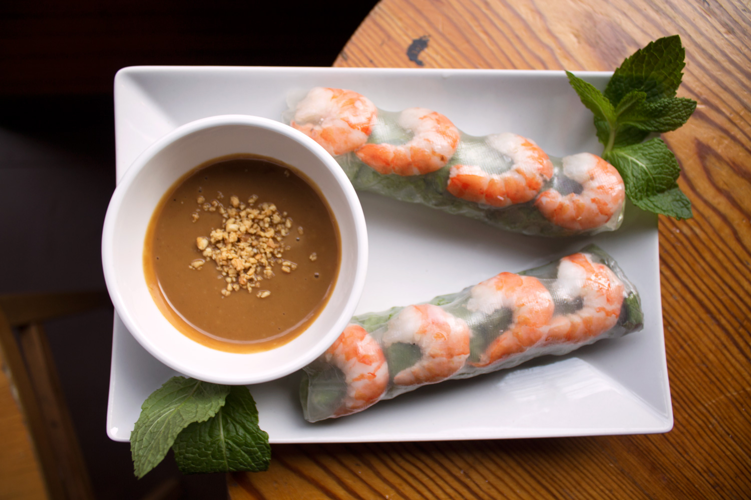 Shrimp summer rolls wrapped in rice paper with hoisin sauce