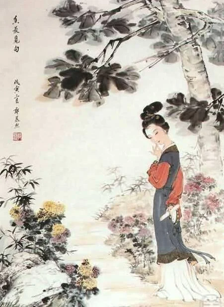 圖:郭慕熙工筆仕女畫《香菱覓句》Photo: A Chinese painting of Xiang Liang by Guo Muxi