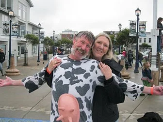 Paul Woodland dressed for the Discovery Museum's annual fundraiser the Perilous Plunge (into the Humboldt Bay), with his partner Karen Roemke. Photo Credit: Paul Woodland