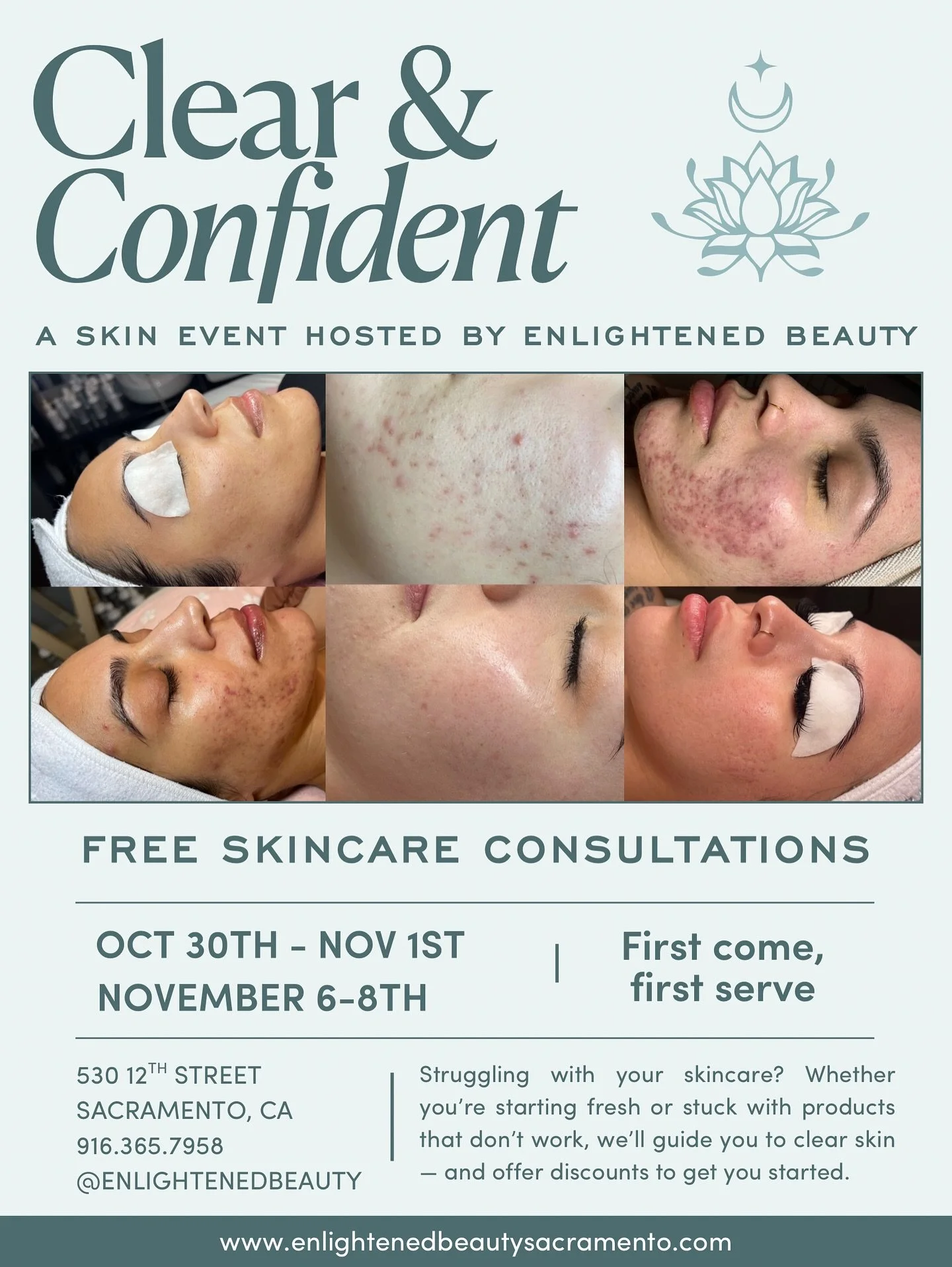 ✨ Clear &amp; Confident: Your Glow-Up Starts Here ✨

Struggling with acne, texture, or stubborn pigment? This is your sign to stop guessing and start healing. 💫

Join us at Enlightened Beauty 🌬️ for our Clear &amp; Confident Skin Event, where you&r