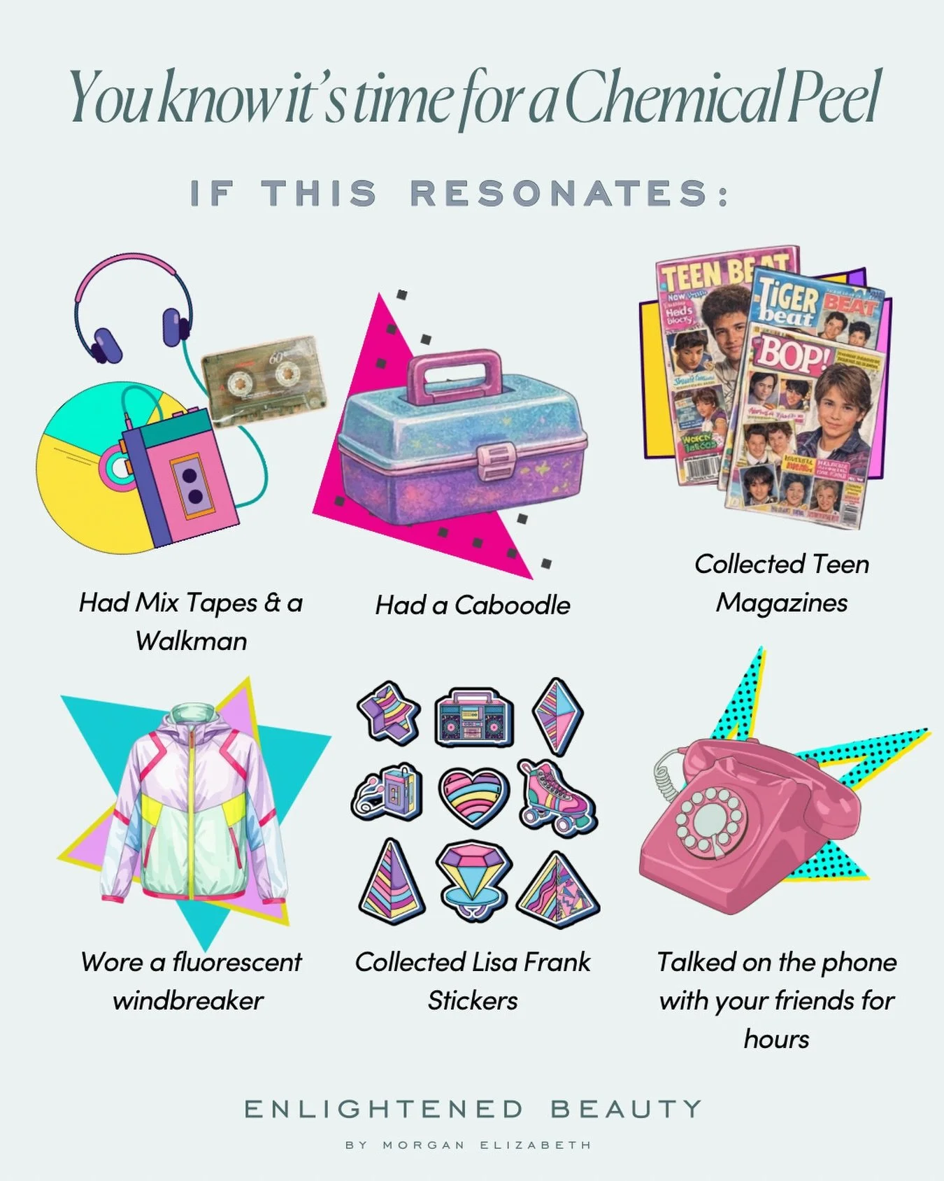 If this resonated&hellip; your skin is probably asking for a reset ✨

Remember when
&bull; Mix tapes took effort
&bull; Caboodles held our entire identity
&bull; Lisa Frank was a lifestyle
&bull; Talking on the phone for hours was a sport

📼🎧💿
🌈?