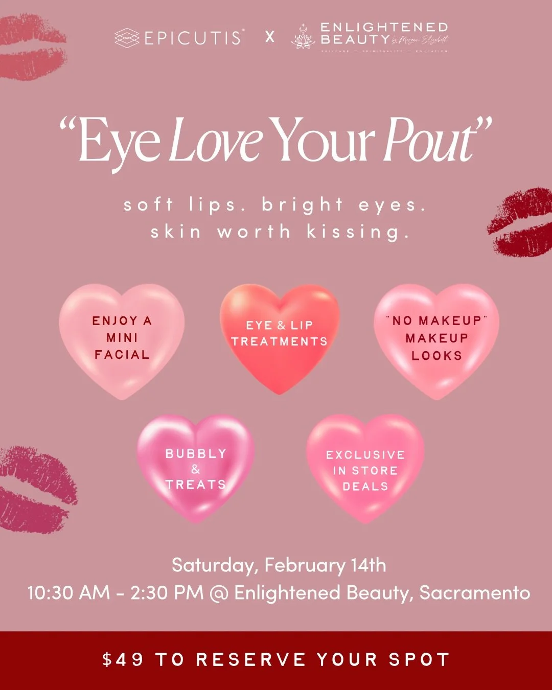 Join us for a special Valentine&rsquo;s 🩷 Day glow-up - designed to prep your skin, lips and eyes for date night, girl&rsquo;s night or simply falling in love with yourself a little more.

🥂❤️👯&zwj;♀️👩🏻&zwj;❤️&zwj;💋&zwj;👨🏽💕🍫

This intimate 