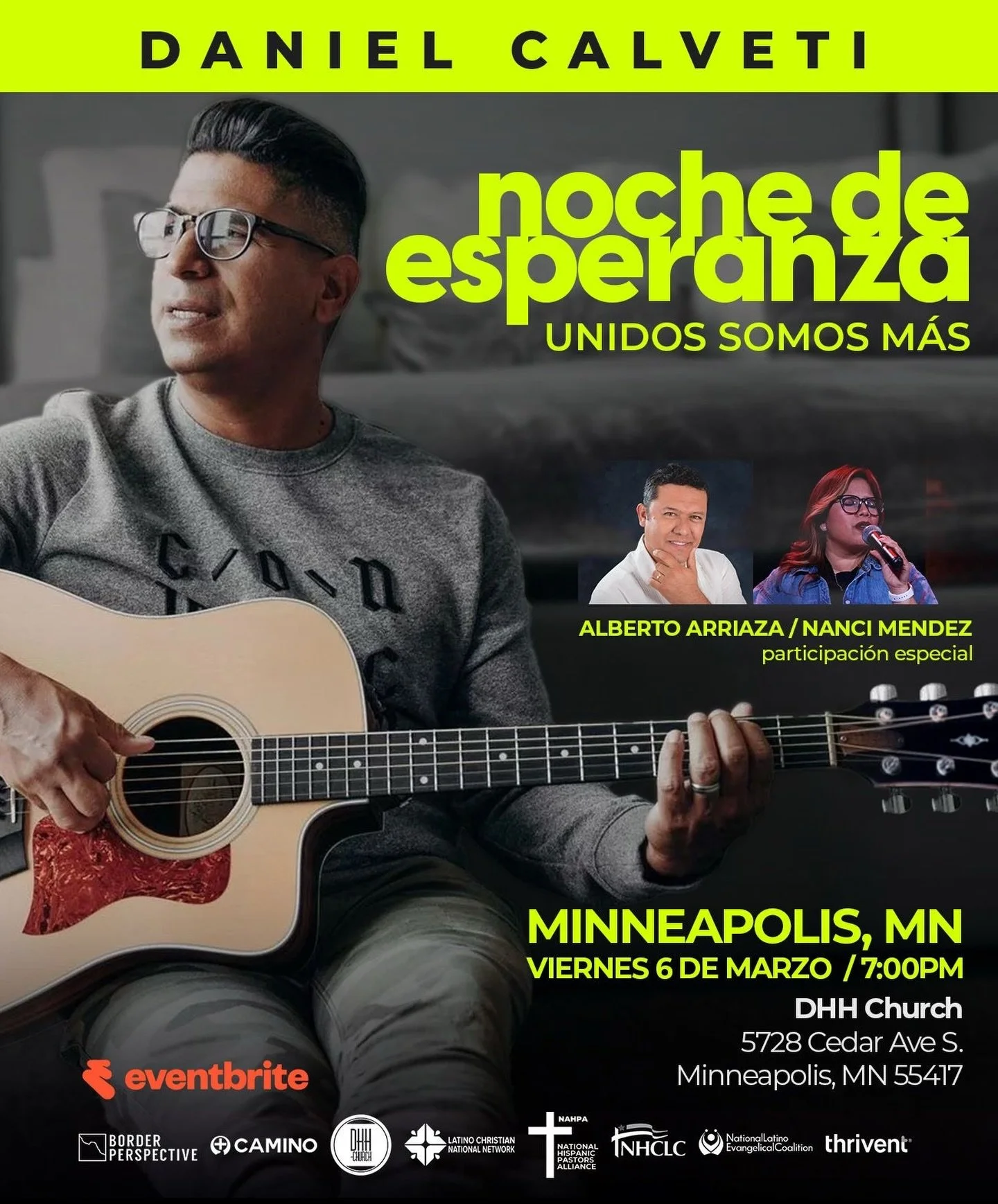 Es tiempo de unirnos como Iglesia para adorar, orar y renovar nuestra esperanza en Jes&uacute;s.

Acomp&aacute;&ntilde;anos junto a Daniel Calveti, Alberto Arriaza y Nancie M&eacute;ndez en una noche de unidad y direcci&oacute;n espiritual.

📅 Marzo