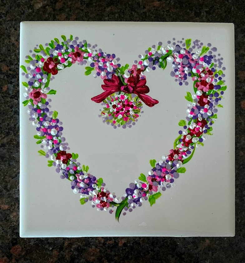 Mandala Heart Wreath, Babies Birth date, Anniversaries $35 on 6”x"6” Ceramic Tile Top Rack Dishwasher Safe after Heat Set