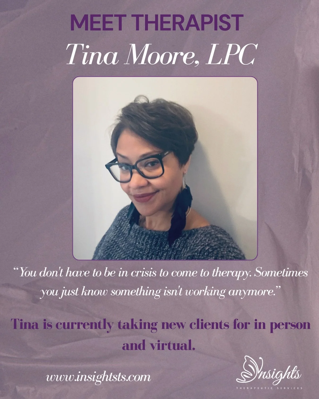 &ldquo;You don&rsquo;t have to be in crisis to come to therapy. Sometimes you just know something isn&rsquo;t working anymore.&rdquo;

That&rsquo;s Tina.

She understands that therapy isn&rsquo;t always about hitting rock bottom. Sometimes life looks