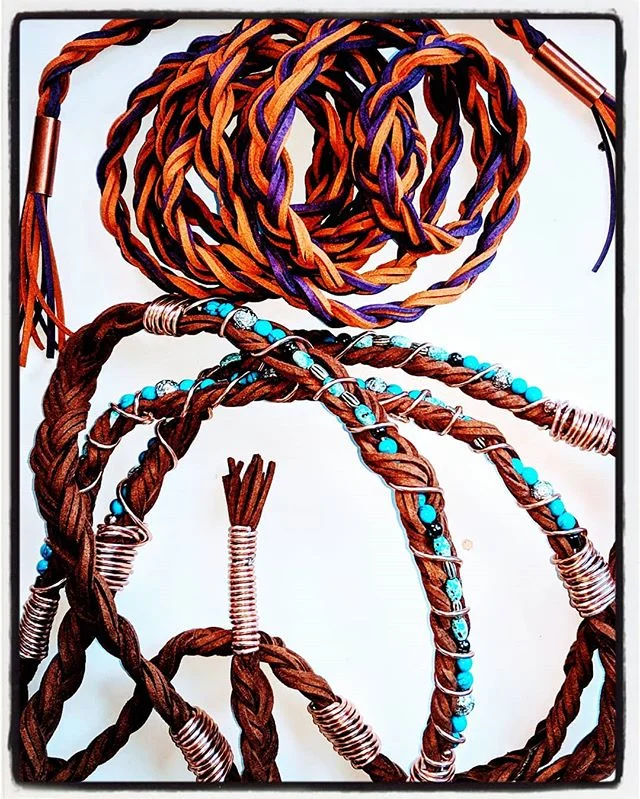 Now you can wrap your whole body in MOXIE with our NEW Leather + Copper wrap-belts —> shown: •9 feet of purple|camel leather braiding, w/1" hard copper tubing-ends°
•7.5 feet of chocolate leather braiding, w/12 guage coppe
