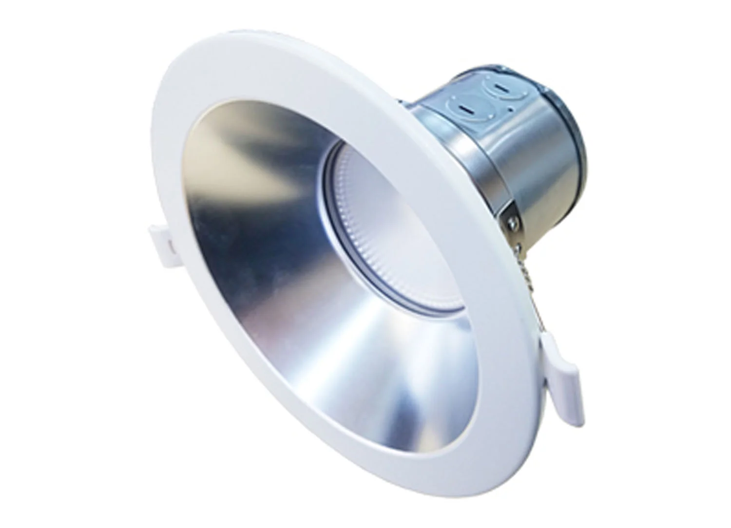 White LED recessed downlight with metal reflector and junction box housing.