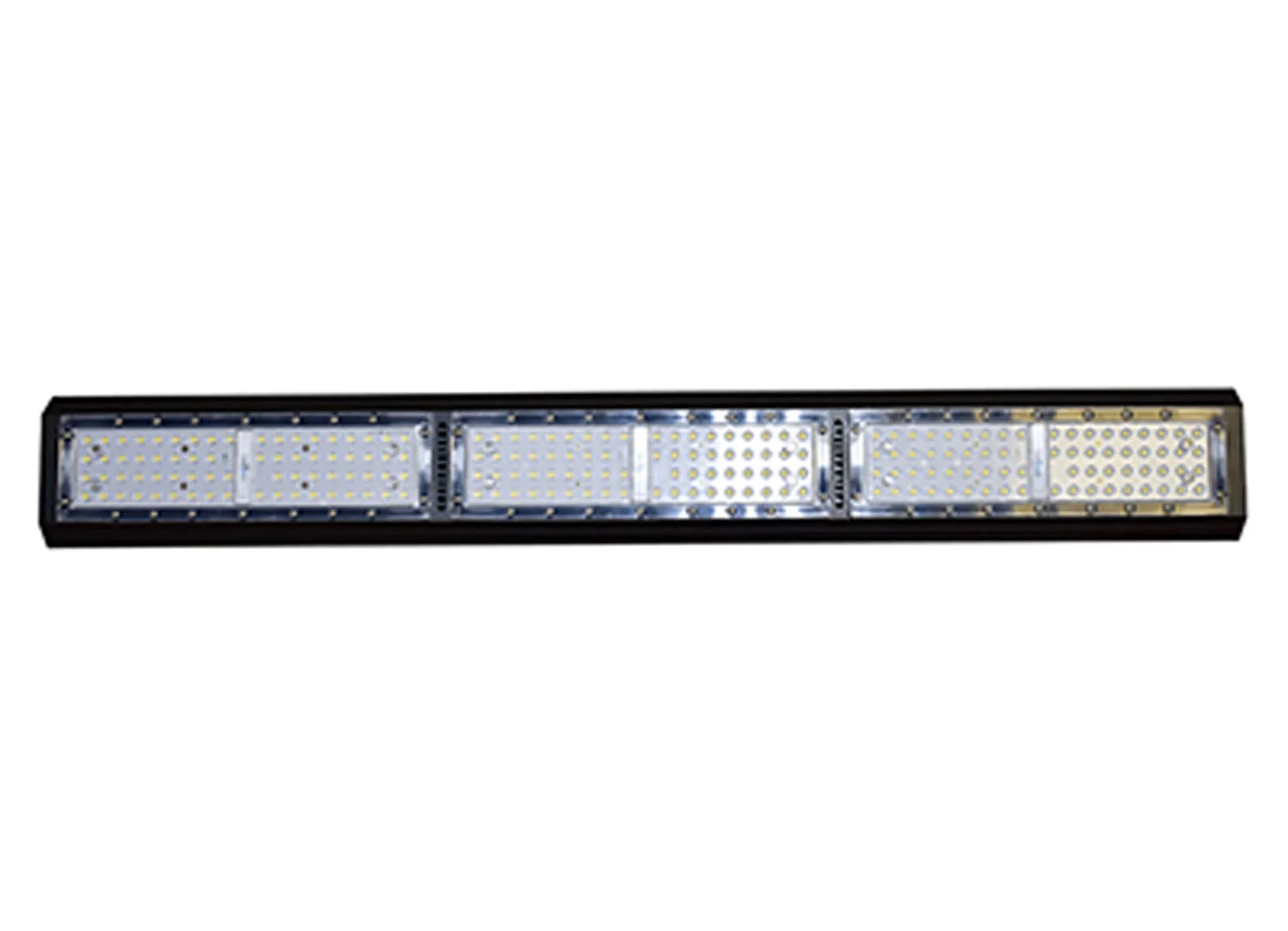 Long black LED linear high bay light with six clear lens modules and exposed LED diodes