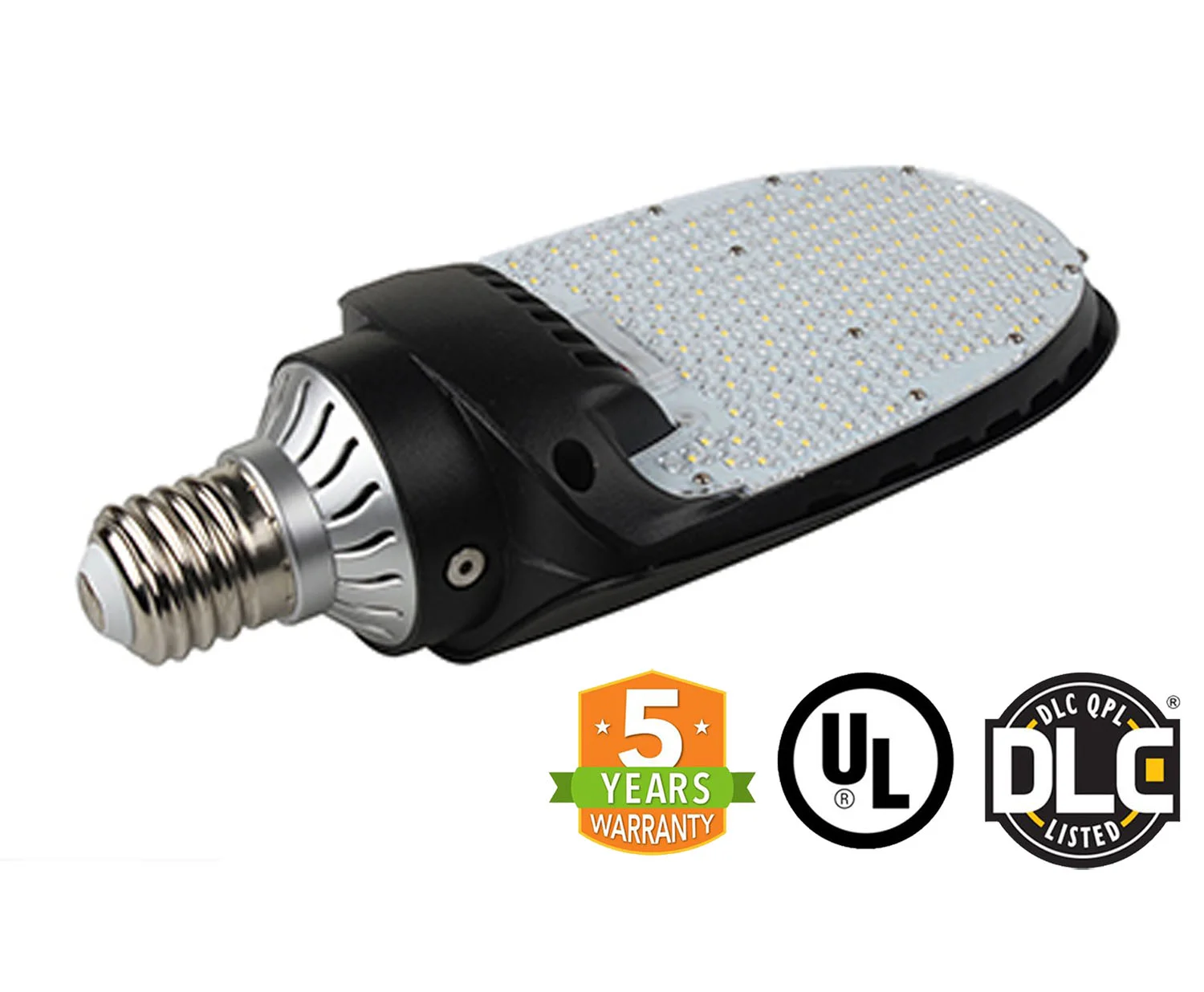 LED retrofit corn bulb with finned aluminum base and wide diode array, angled view; features 5-year warranty badge, UL certification, and DLC QPL listing.