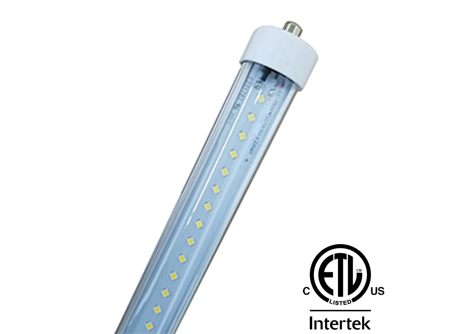 LED T8 tube light with a clear cover, small yellow LED chips, and a single-pin connector at the end. The "ETL Listed" Intertek certification logo is displayed below.