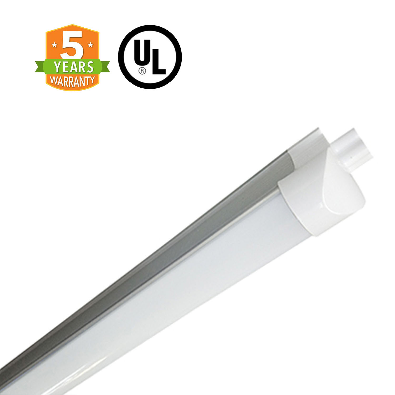 Frosted LED tube light with white end cap, UL listed and backed by a 5-year warranty.
