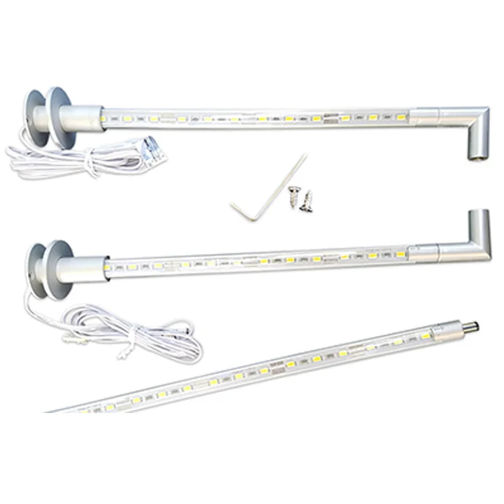 LED light bar kit with dual mounting arms, integrated LED strips, power cables, hex key, and mounting screws.