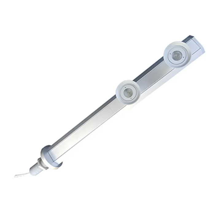 Aluminum LED light arm with two adjustable spotlight modules and integrated power cable.