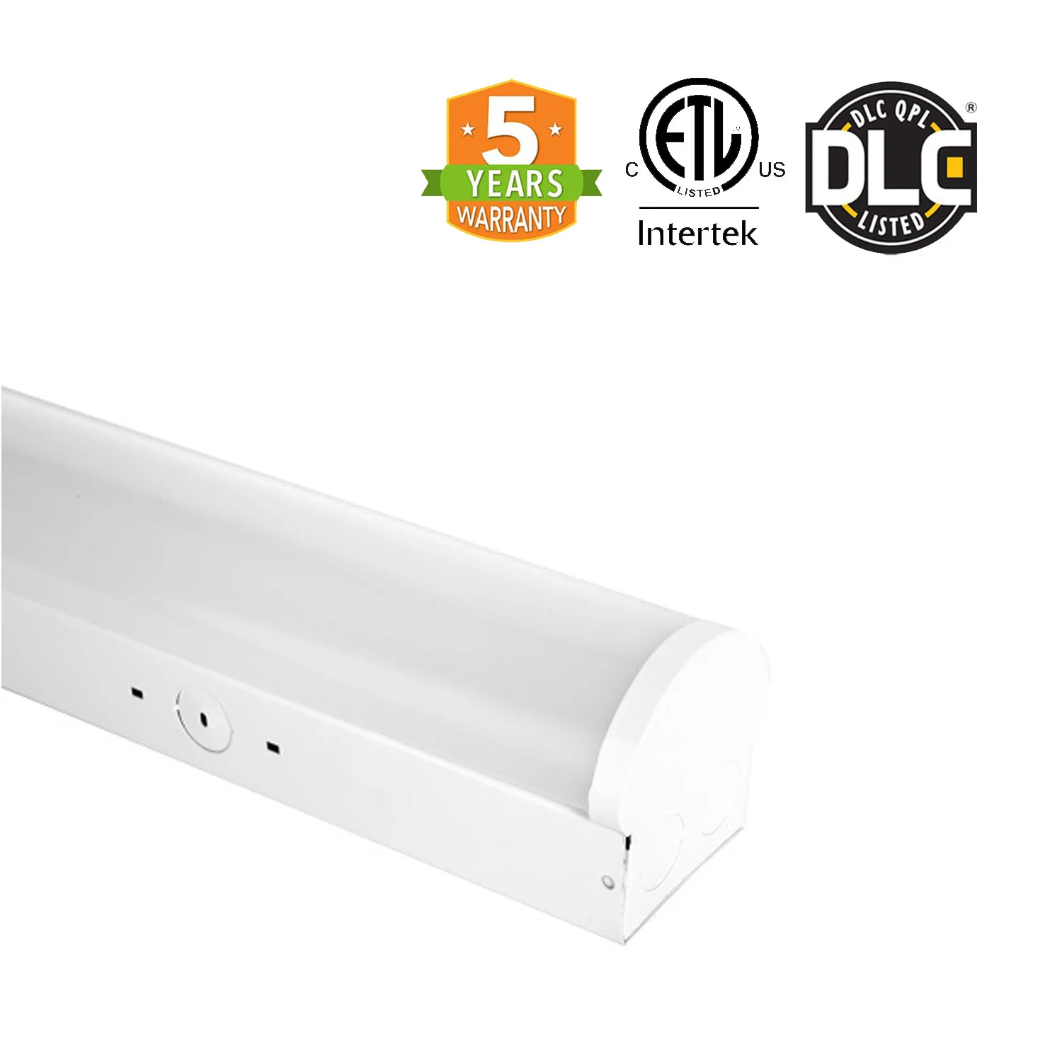 White LED wraparound ceiling light with rounded lens, ETL and DLC listed, backed by a 5-year warranty.