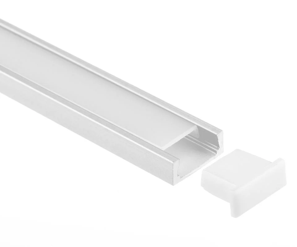 Slim aluminum LED strip channel with frosted diffuser and snap-in plastic end cap, designed for flush or recessed lighting installations.
