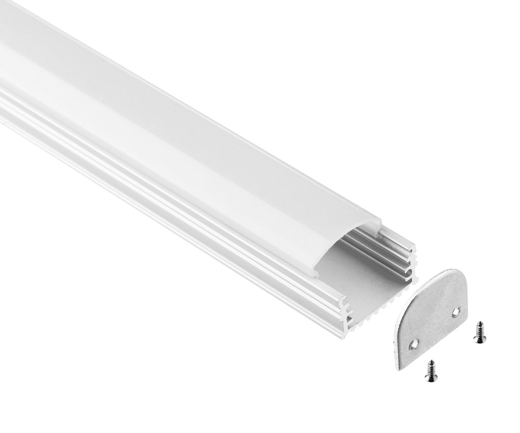 Aluminum LED channel with frosted lens cover, shown with flat end cap and mounting screws for clean linear LED strip installation.
