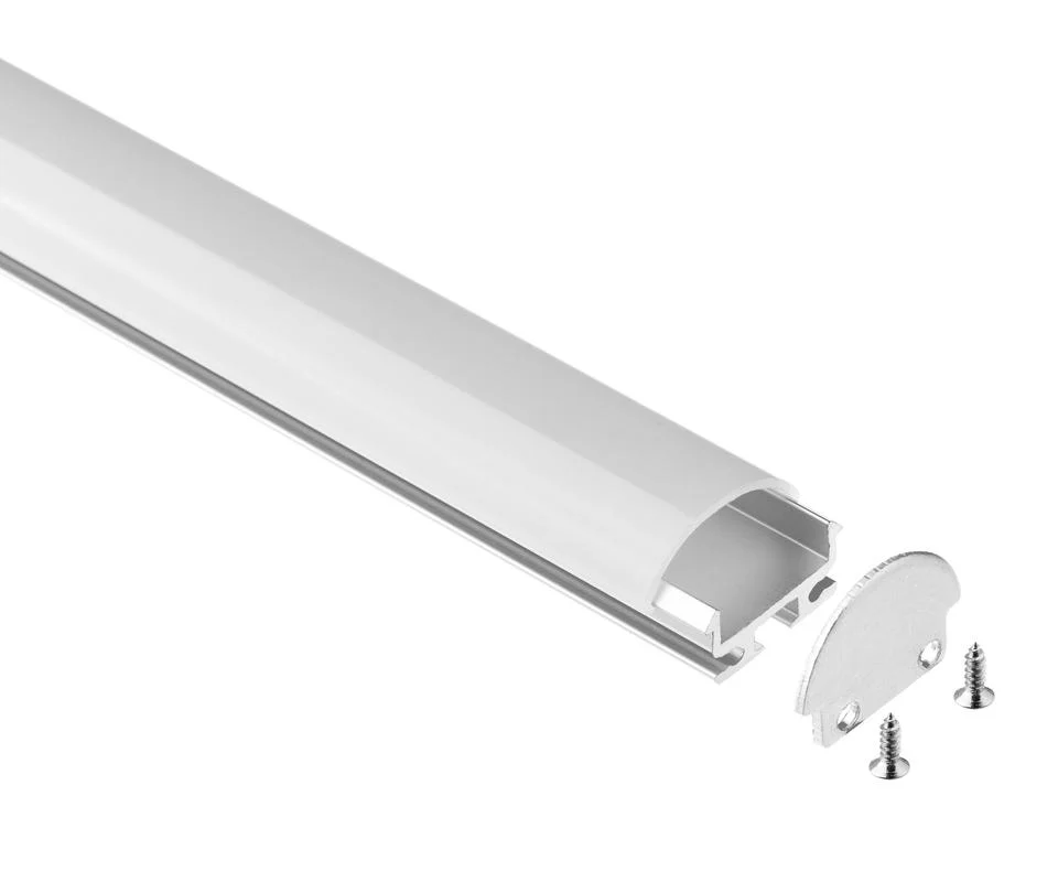 Curved aluminum LED profile with frosted lens cover, shown with rounded metal end cap and mounting screws for surface or pendant LED strip installations.