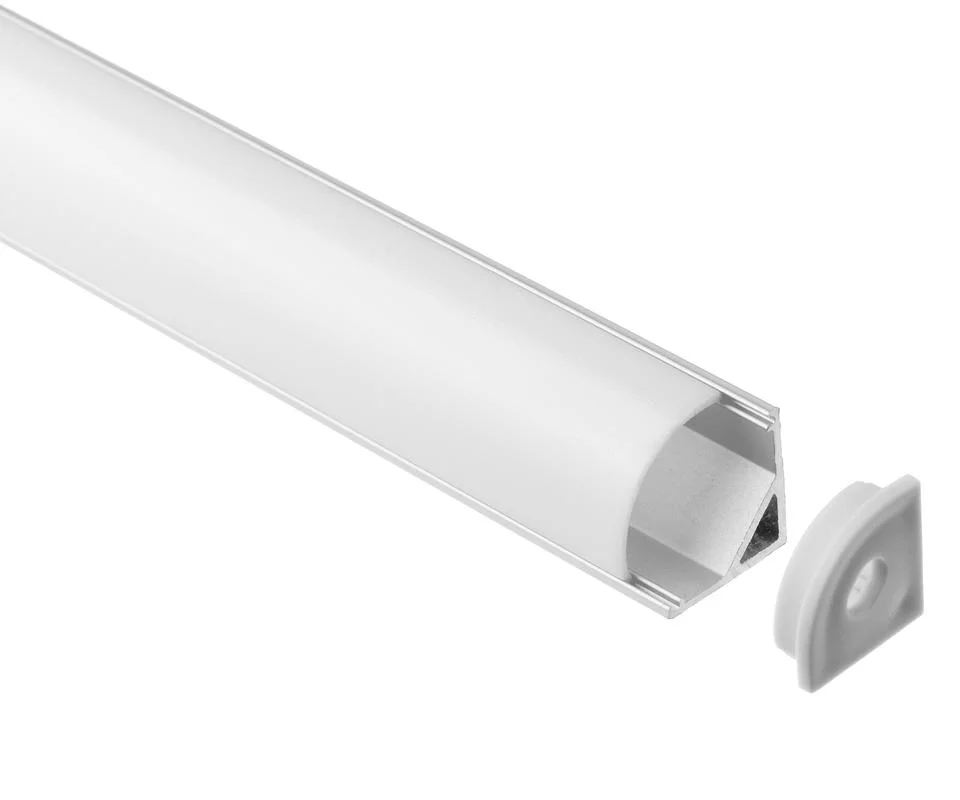 Angled aluminum LED channel with frosted lens and triangular internal structure, shown with matching plastic end cap for corner-mounted lighting installations.