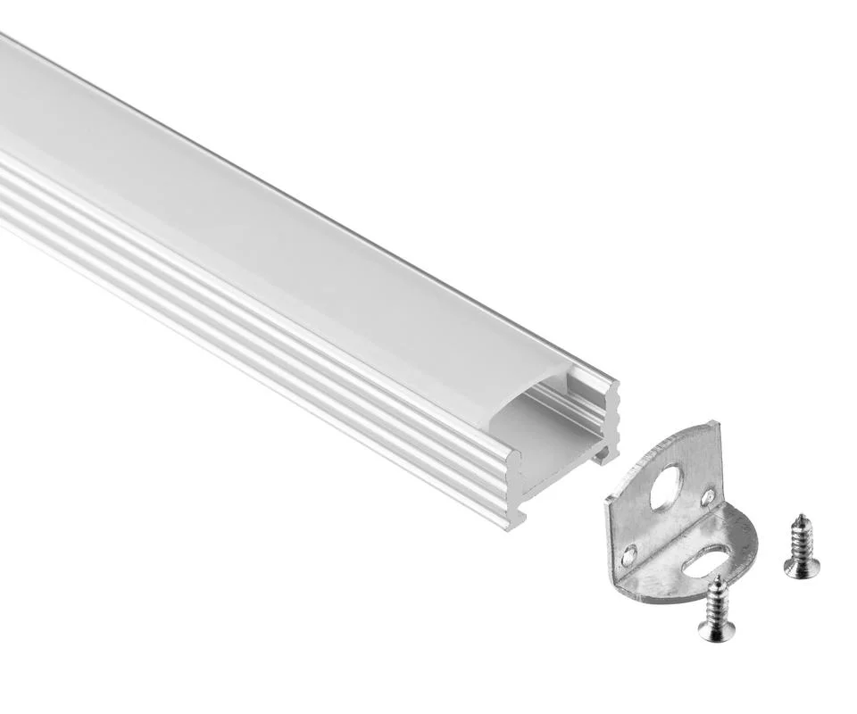 Aluminum LED strip light channel with frosted diffuser cover, shown with mounting bracket and screws for surface installation.