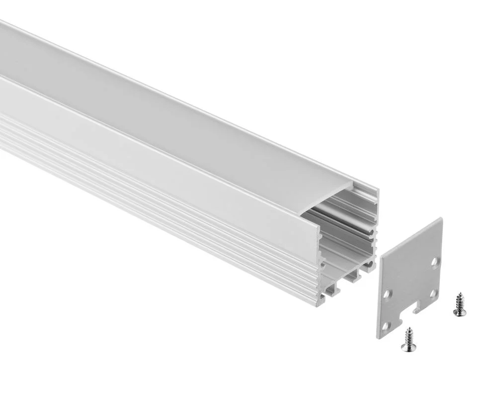Deep aluminum LED channel with ribbed exterior and frosted diffuser, shown with a flat metal end cap and mounting screws for high-capacity or heat-dissipating installations.