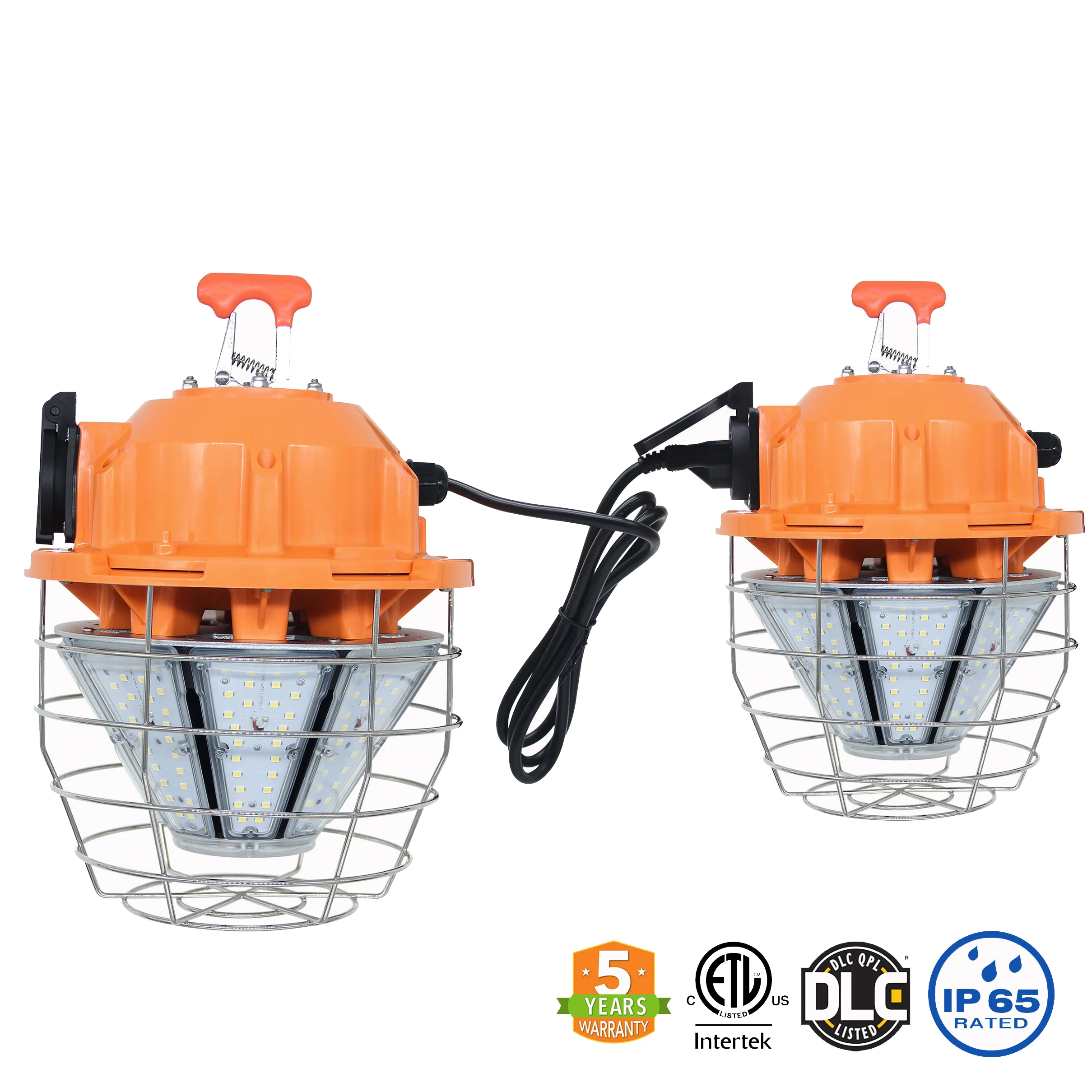 Dual orange temporary LED work lights with steel cages and daisy-chain connection; includes 5-year warranty, ETL listing, DLC QPL listing, and IP65 waterproof rating.