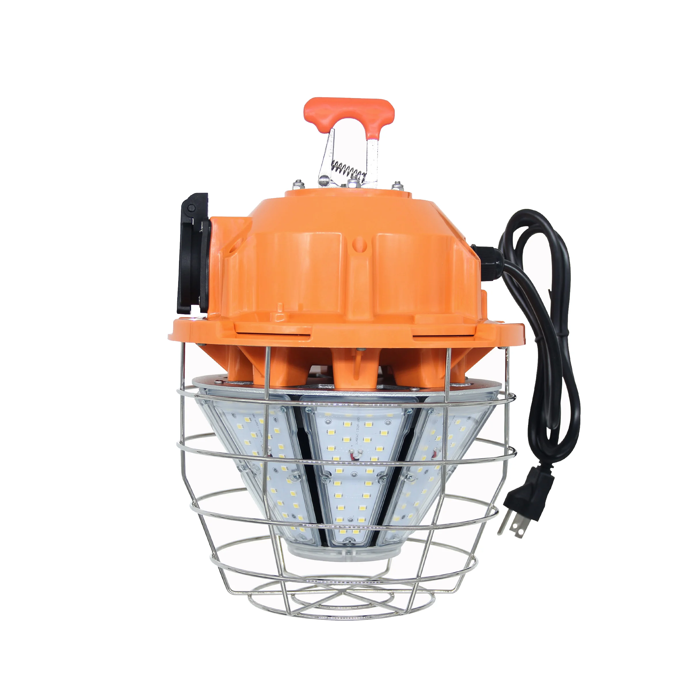 Front-facing view of temporary LED work light with orange top, metal cage, power cord, and carry handle.