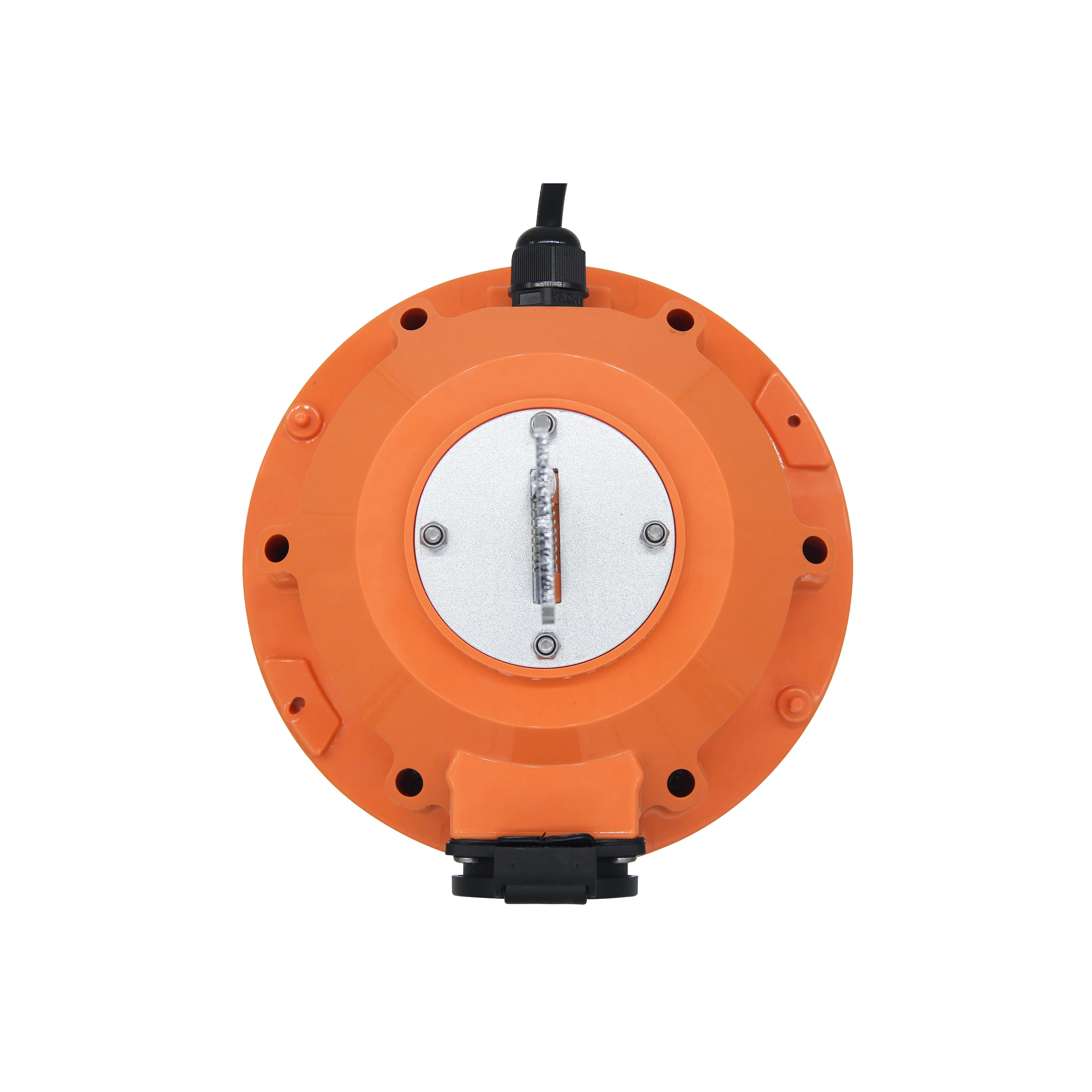 Top-down view of orange LED work light showing the hanging hook attachment and power input.