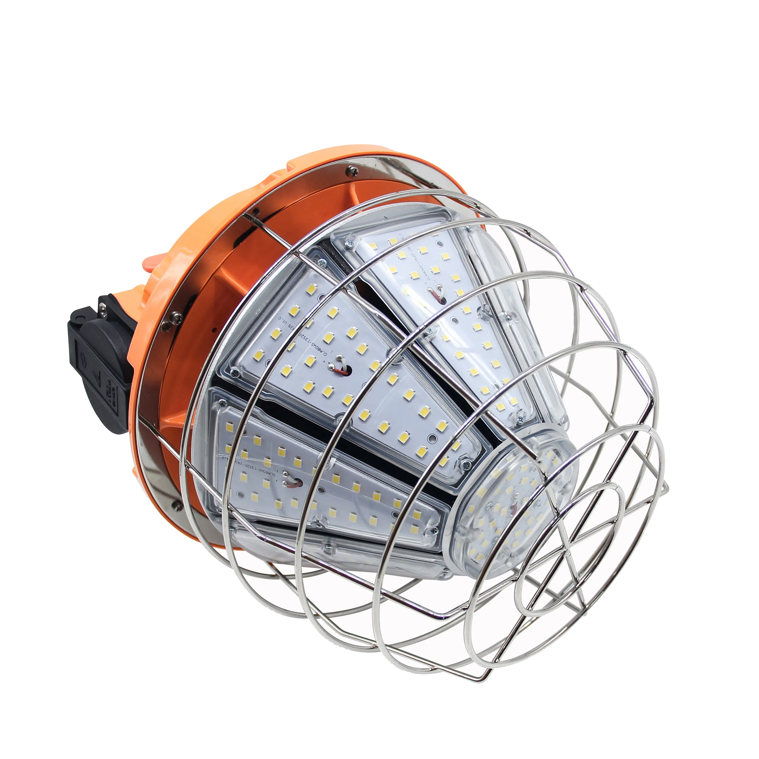 Close-up angled view of conical LED work light with protective steel cage and vented orange housing.