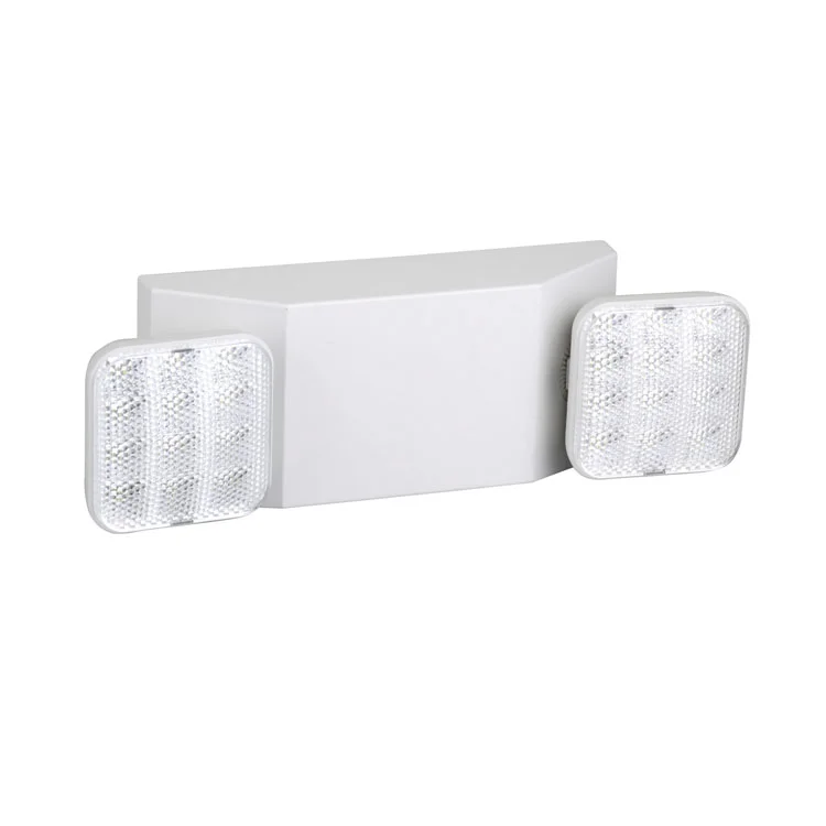 White LED emergency light with dual adjustable square lamp heads and a central battery housing.