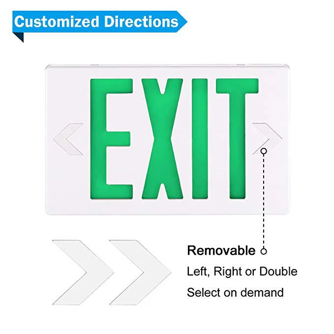 Green LED exit sign with customizable arrow directions, showing removable left, right, or double arrow options.
