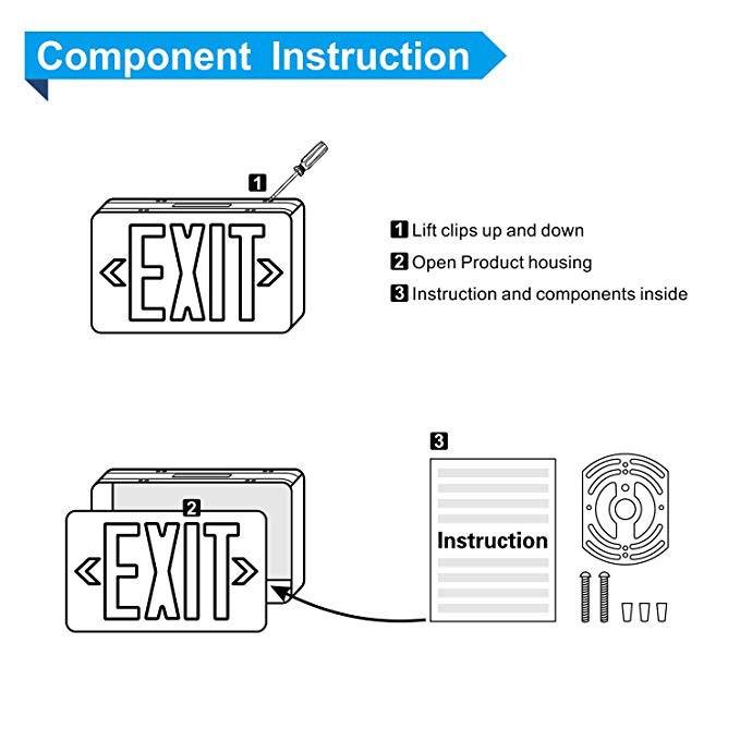 Diagram showing steps to open an LED exit sign housing, including lifting clips, removing the front cover, and accessing internal components with instruction manual and mounting hardware.