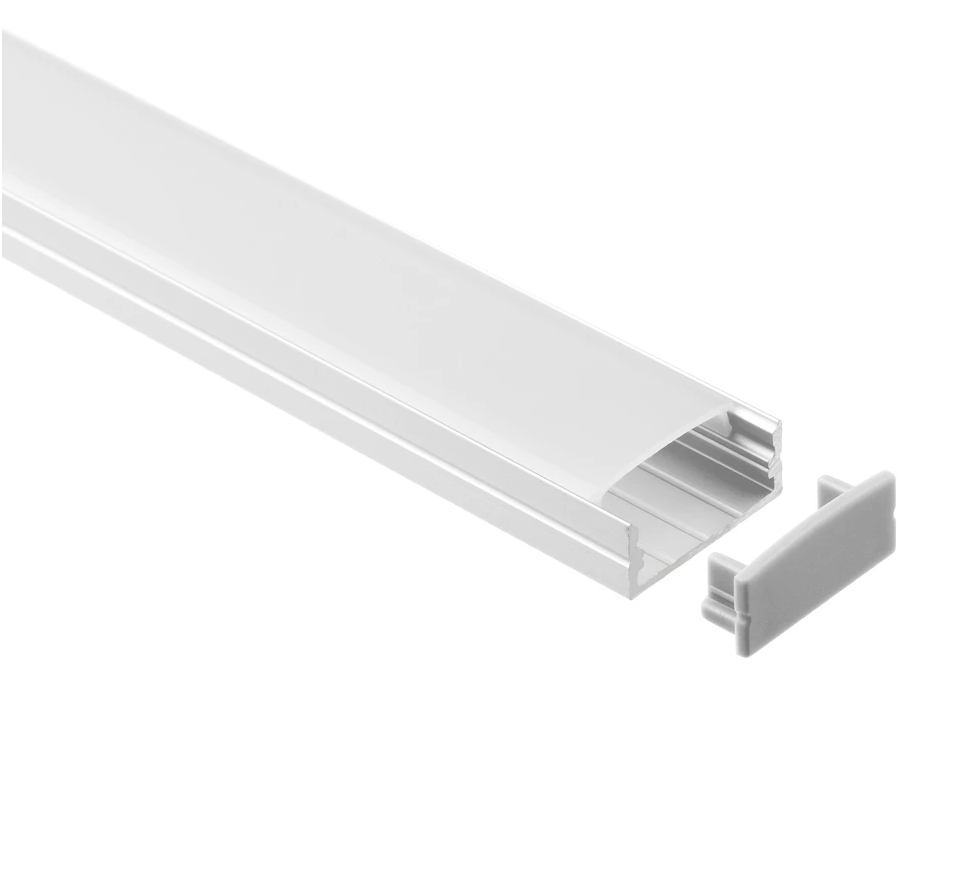 Curved aluminum LED channel with frosted lens and snap-in plastic end cap, designed for surface-mounted LED strip lighting with soft, uniform light diffusion.