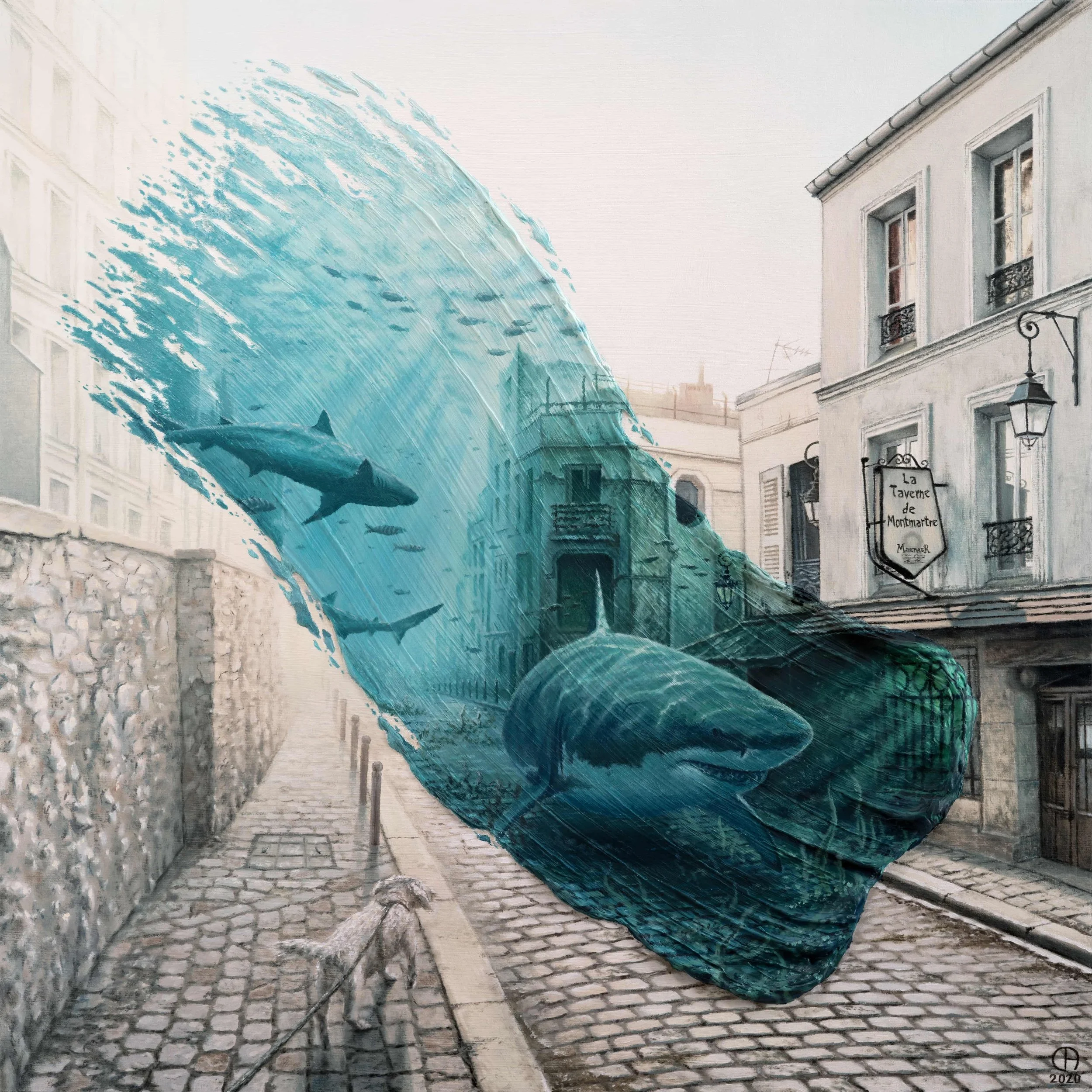 "Sharks in Montmartre" oil on 50x50cm wood (2020)