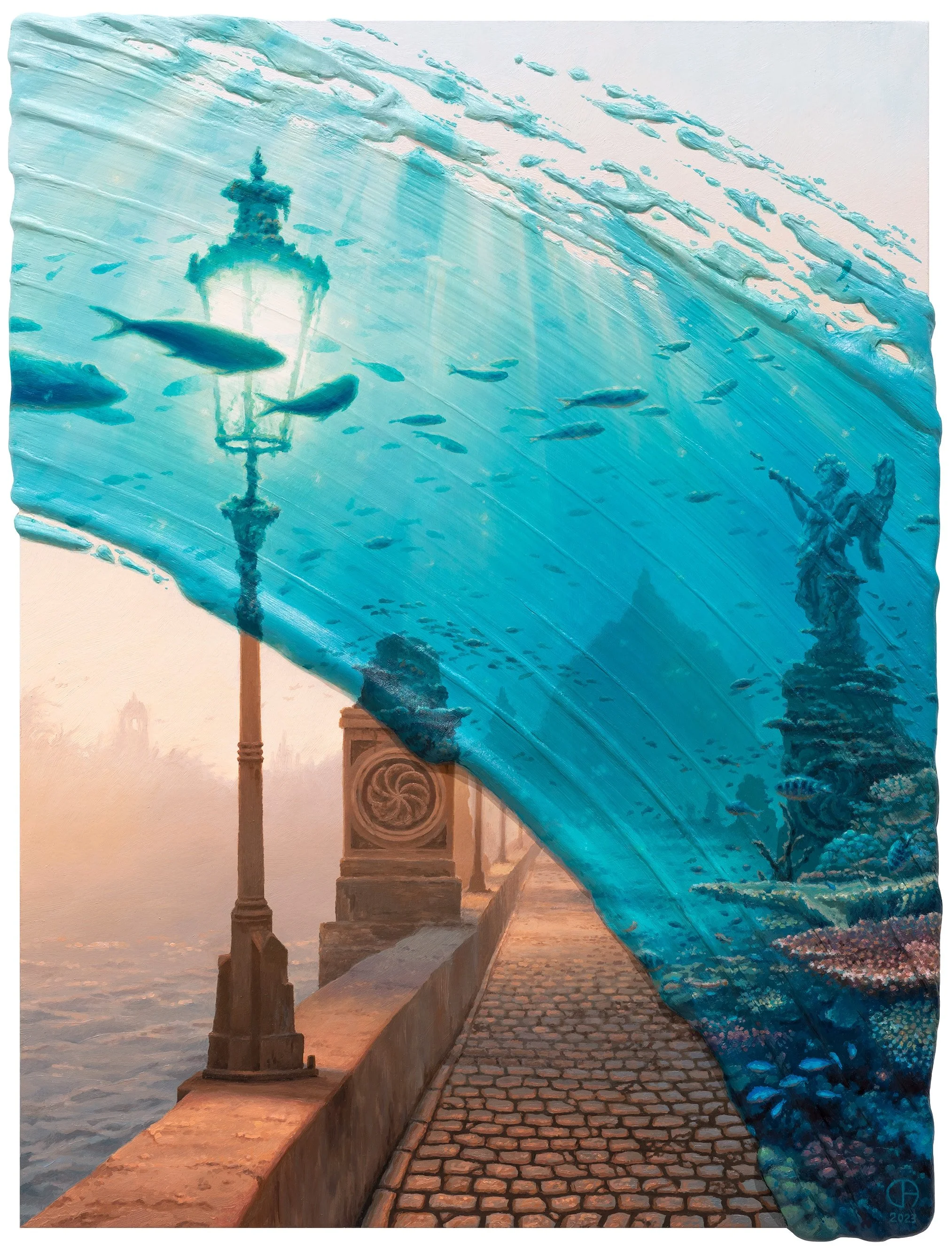 "Water Over the Bridge" oil on 30x40cm wood (2023)