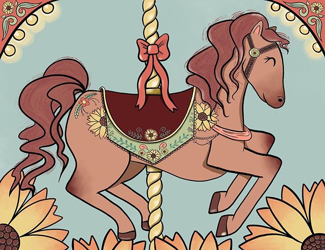 I&rsquo;ve always loved carousels and carousel horses ever since I was little! This would look beautiful hanging in a nursery! 🎠🌻#carousel #carouselhorse #sunflower #procreate #childrensbooks #childrensillustration #childrensillustrators #horse #ho