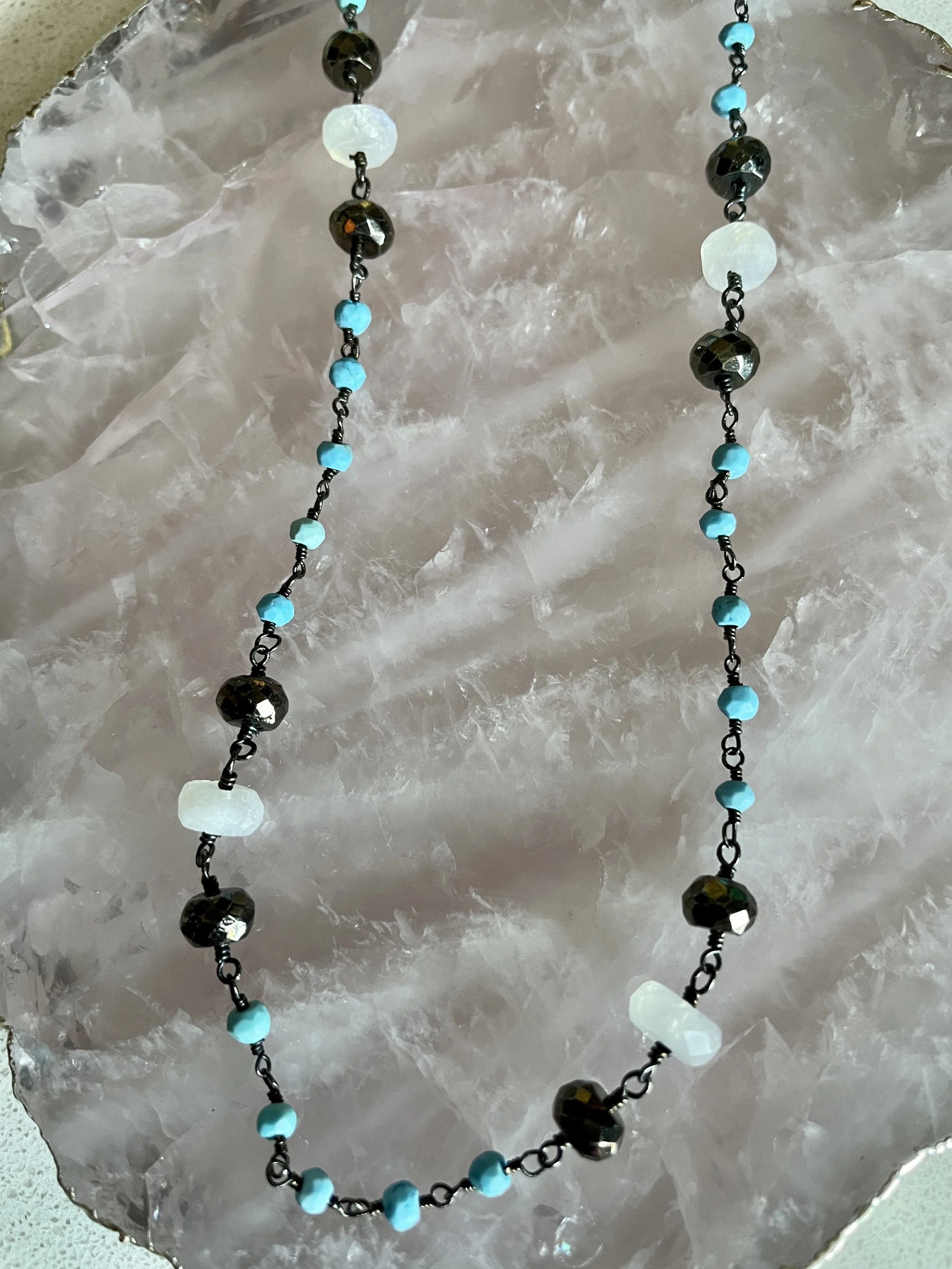 Turquoise, moonstone and pyrite necklace