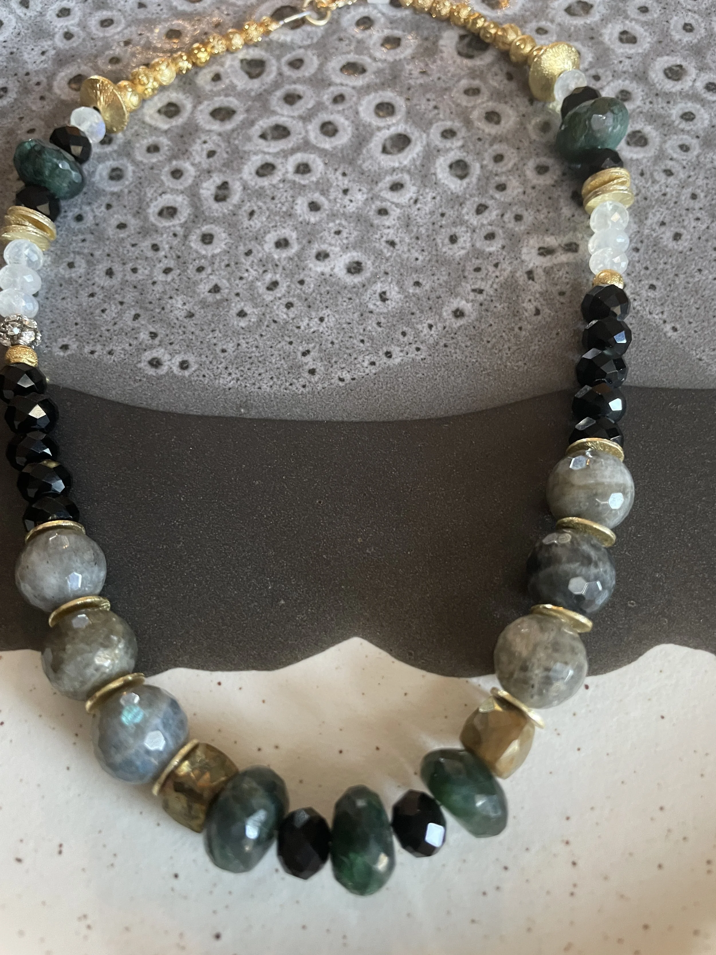 Labradorite with green labradorite rondeles and gold disc necklace