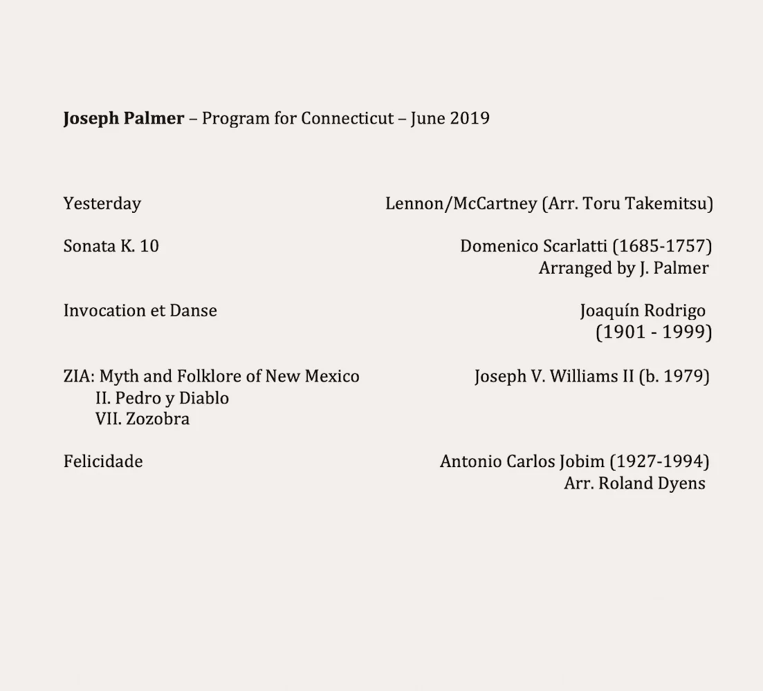 Joseph Palmer program for June 20th Evening Concert