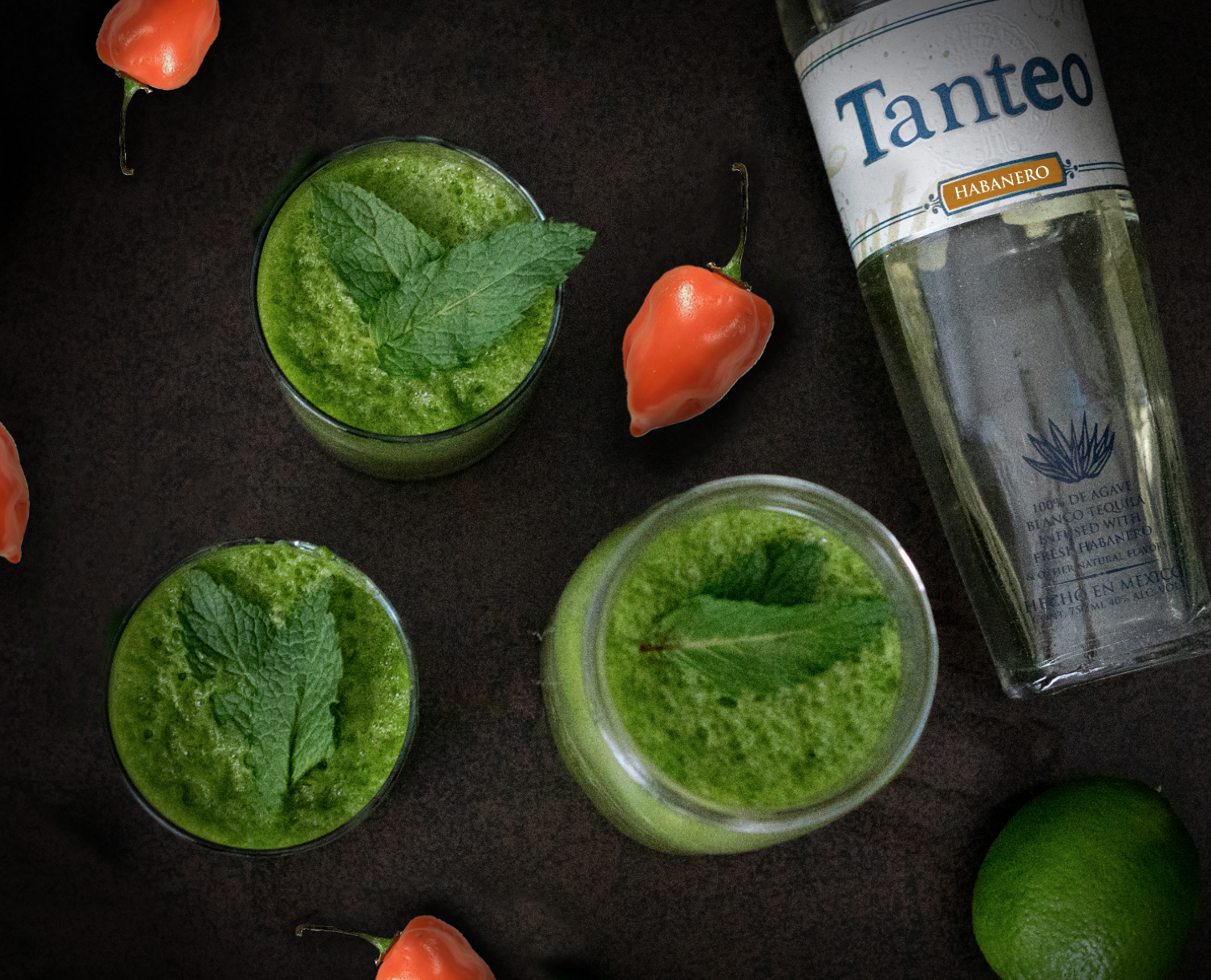 Recipe: - 2 oz. Tanteo® Habanero Tequila - 1 oz. Green Vegetable Juice (Celery, Spinach, Kale, Cucumber blend) - 1 oz. Fresh Lime Juice - 3/4 oz. Agave Nectar (or simple syrup) Directions Combine ingredients in a blender with ice, blend well and pour into a Mason Jar