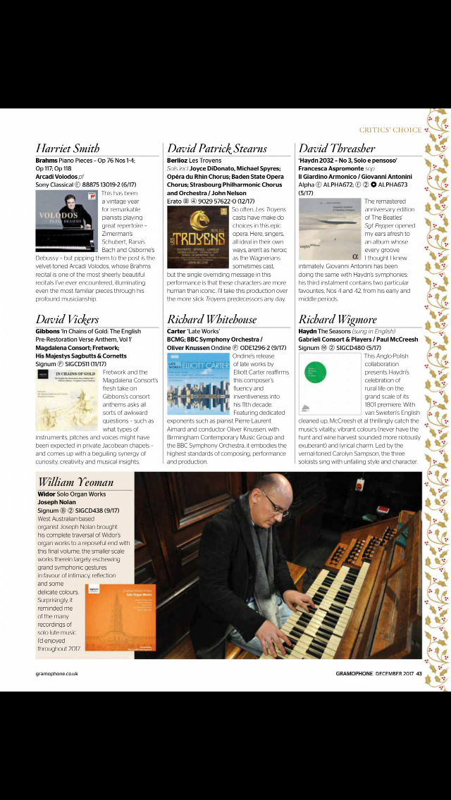 Gramophone Magazine 2017 Critics' Choice Widor Solo Organ Works