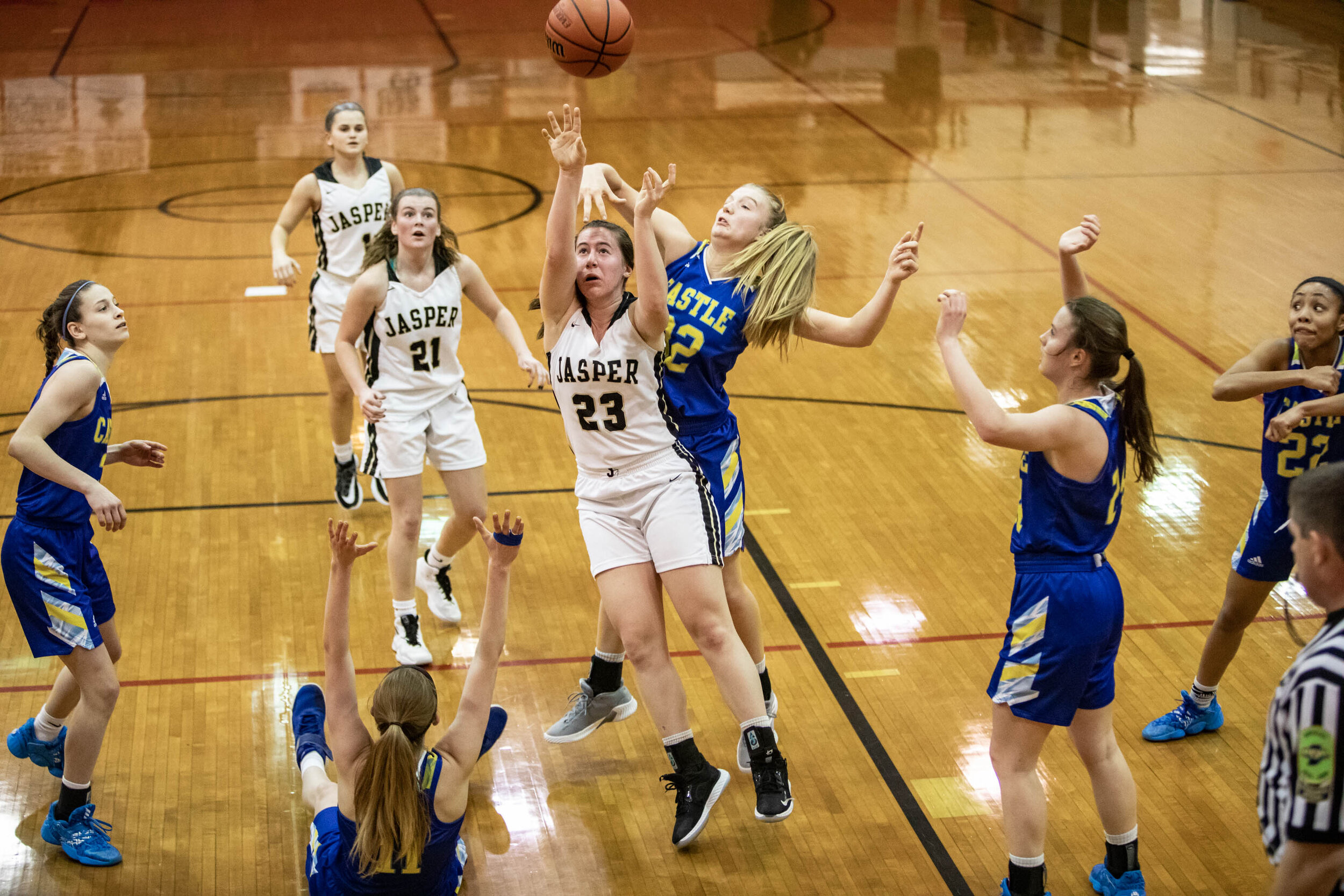  Jasper's Hannah Schwenk (23) shoots the ball during Tuesday's girls basketball sectional game in Evansville, Indiana on Feb. 4, 2020. Castle defeated Jasper 54-44.  