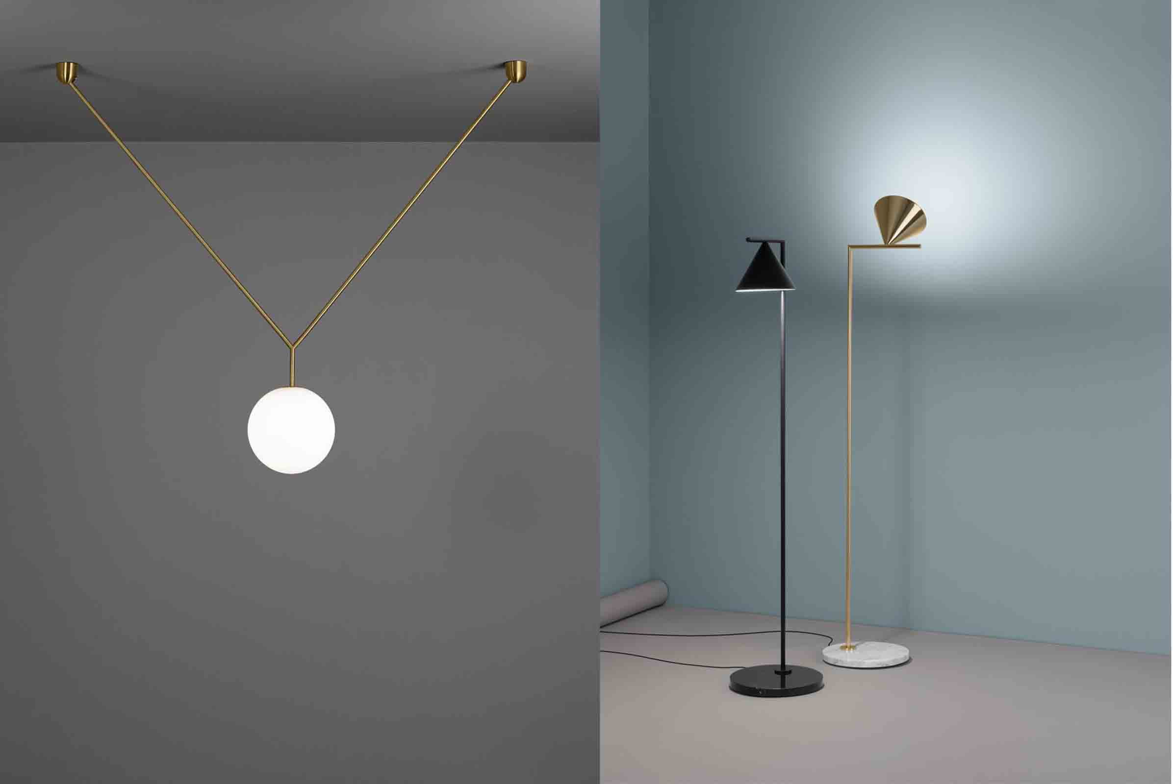 ‘Notch’ pendant (left) and ‘Captain Flint’ floor lamps (right) both designed by Michael Anastassiades for Flos