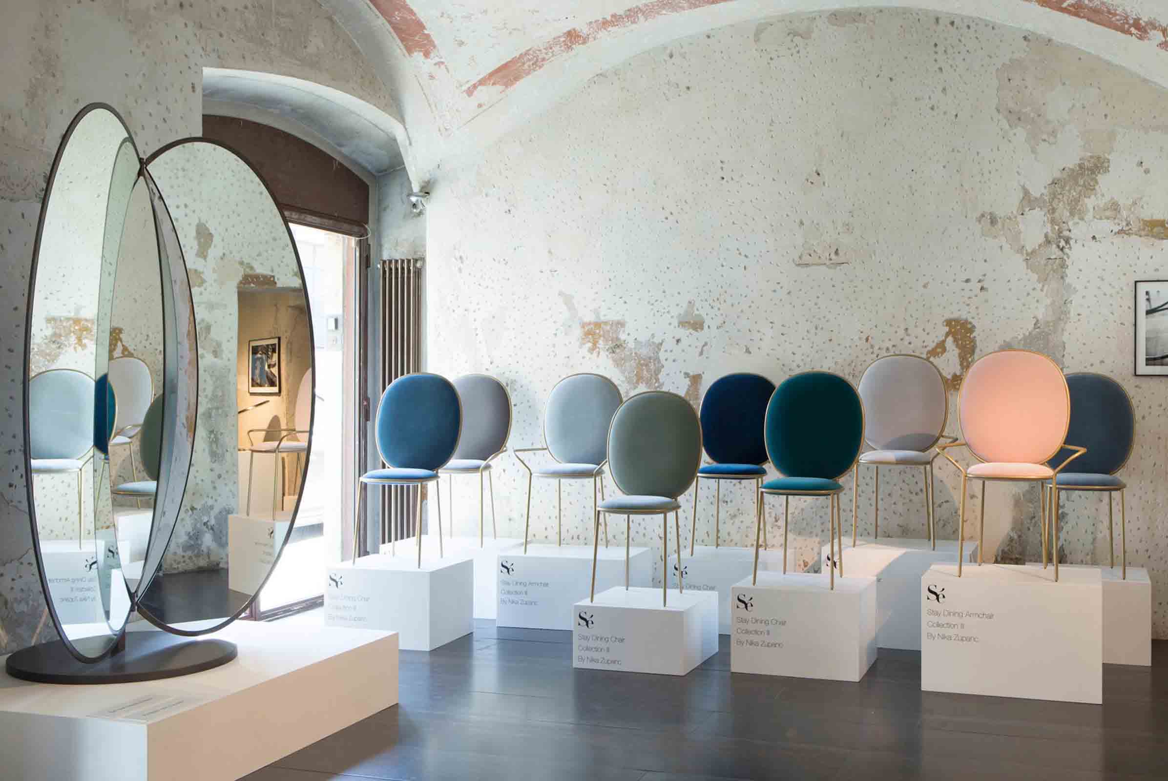 ‘Stay’ chairs and Dressing mirror from Collection III designed by Nika Zupanc for Sé on display at Spazio Rossana Orlandi