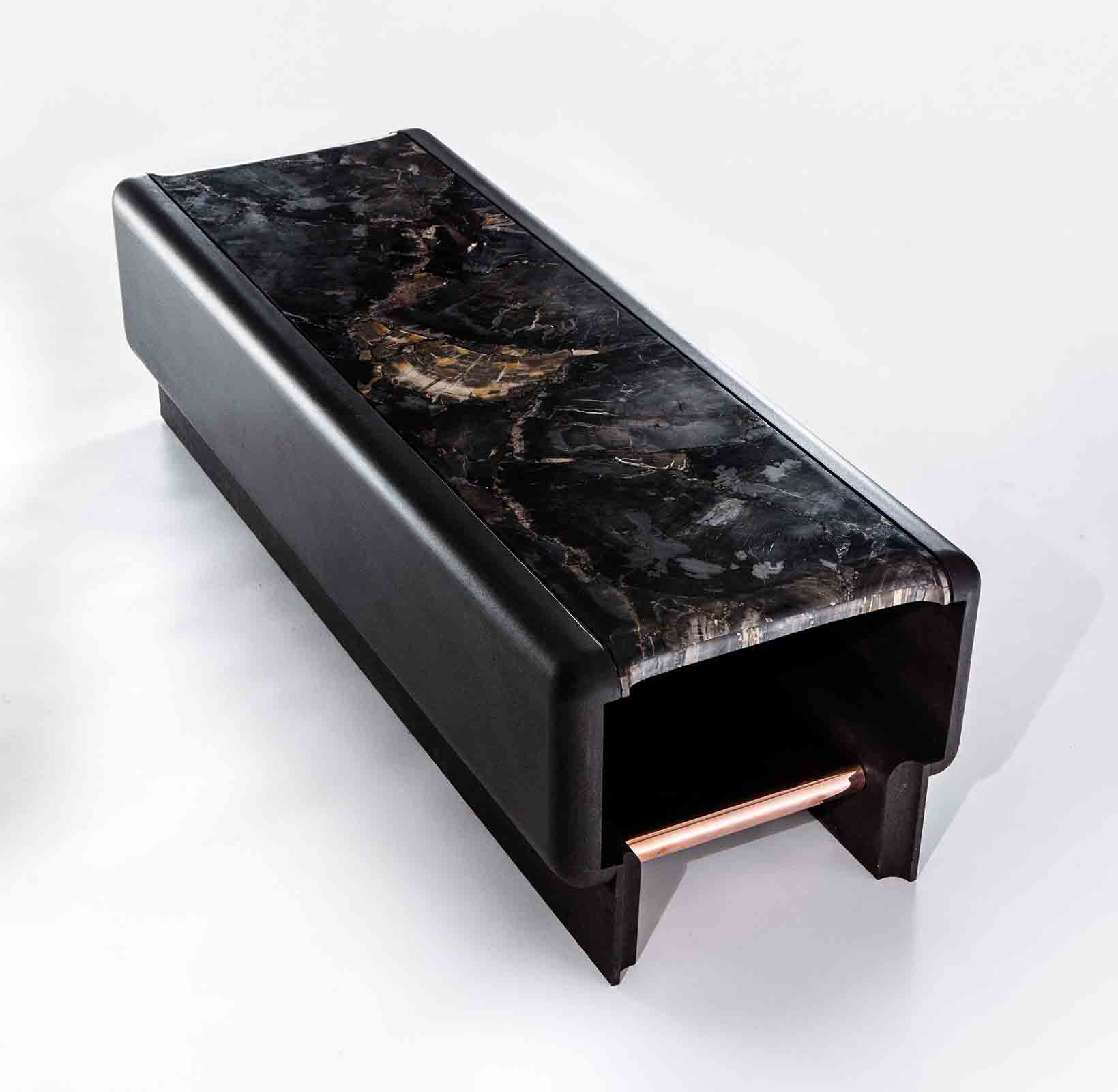 Petrified wood, lavastone and copper bench, designed by Thierry Lemaire for Blanc Carrare