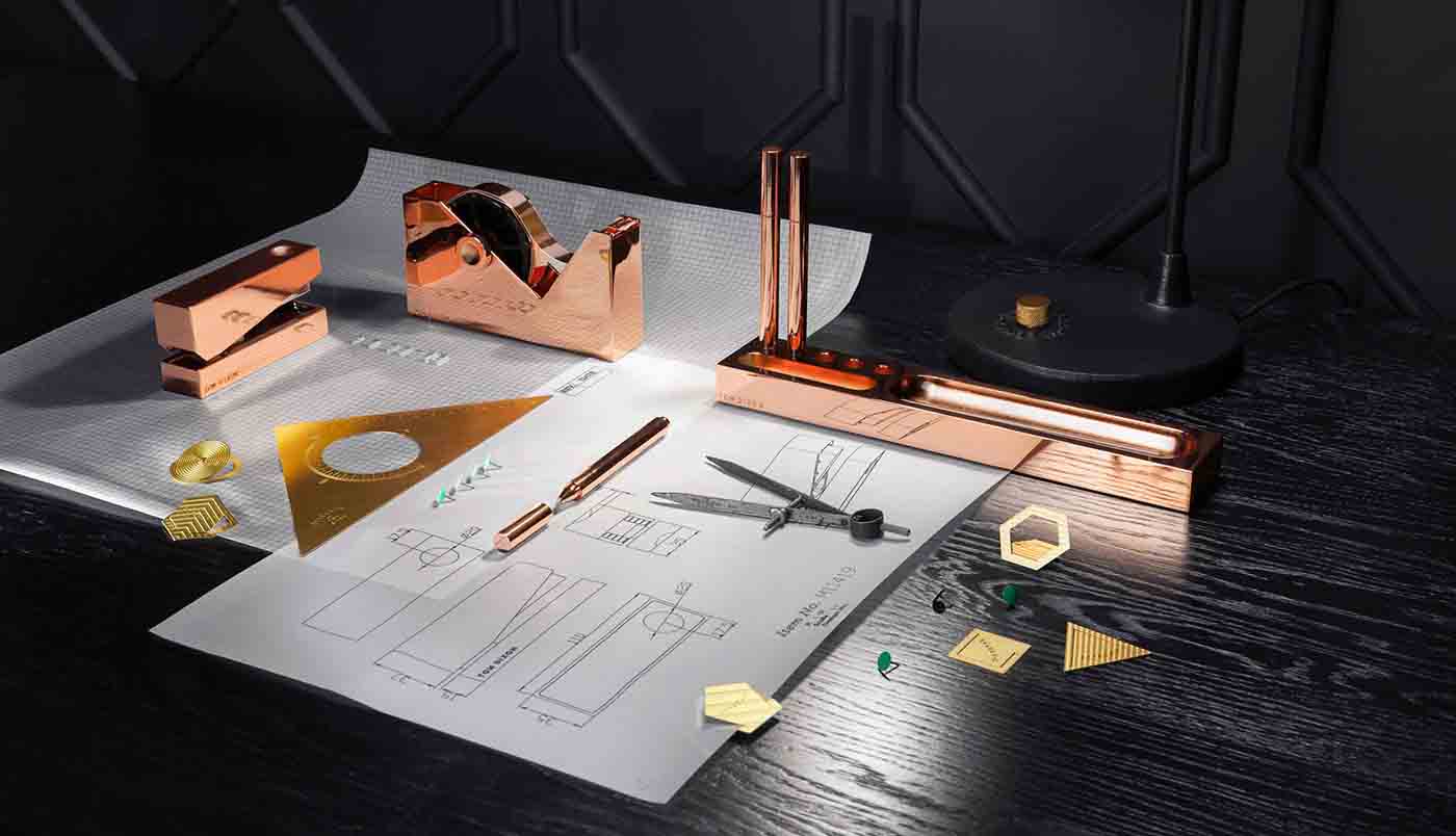 ‘Cube’ copper desk accessories from Tom Dixon (we’re hoping they’ll eventually make these in Brass!)