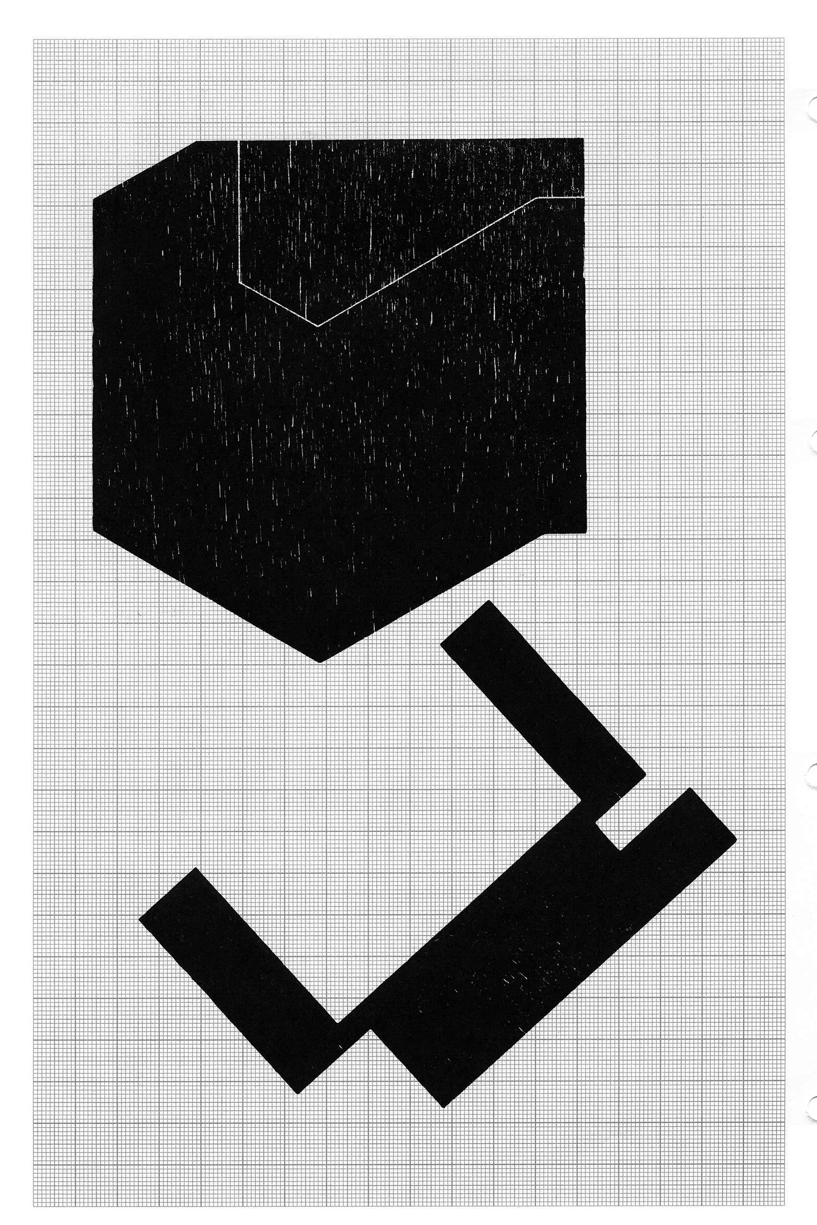 Seher Shah, Hewn (first and plan) , 2014, woodcut mono print on A4 grid paper. Donated by the artist